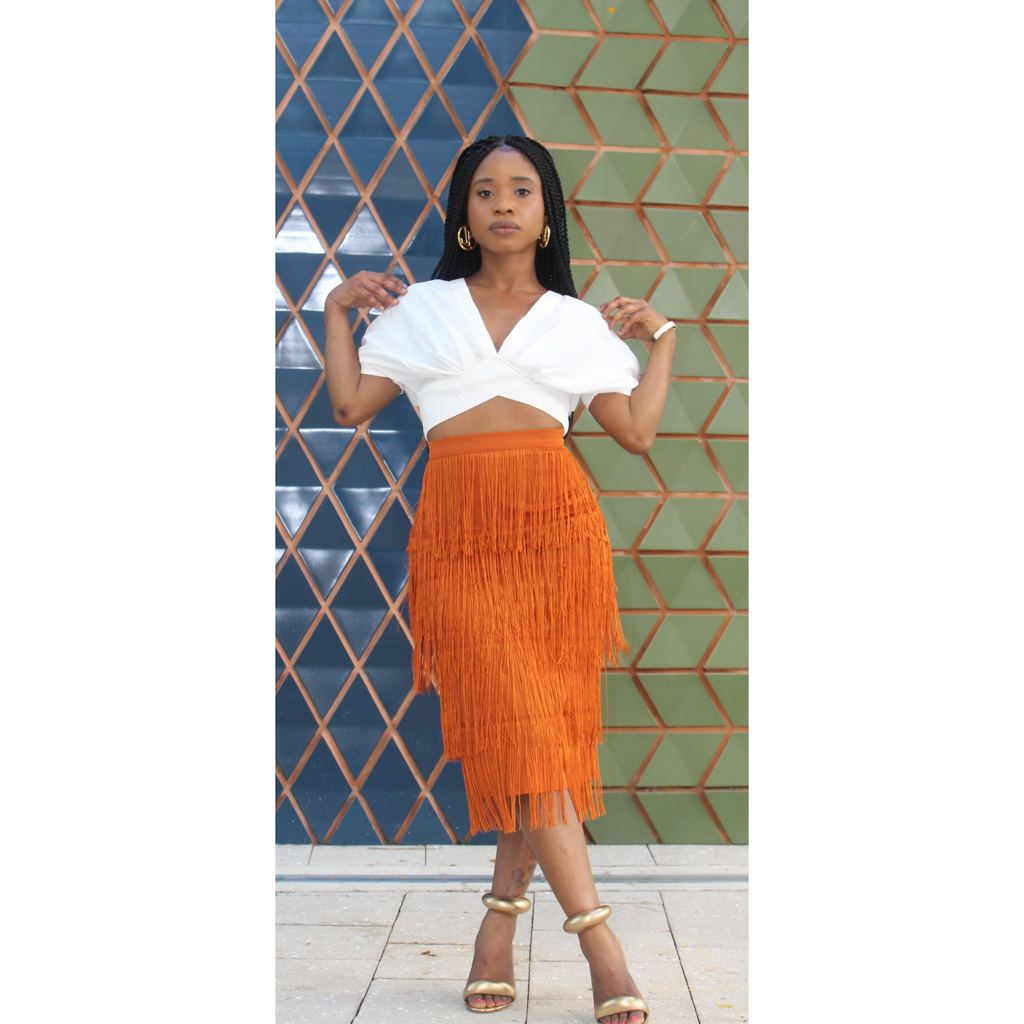 High waisted outlet fringe skirt